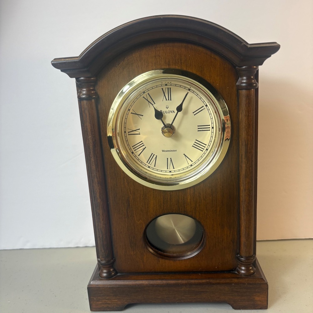 Bulova Dalton Chiming Pendulum Table Clock Walnut Finish Gold Tone B1845